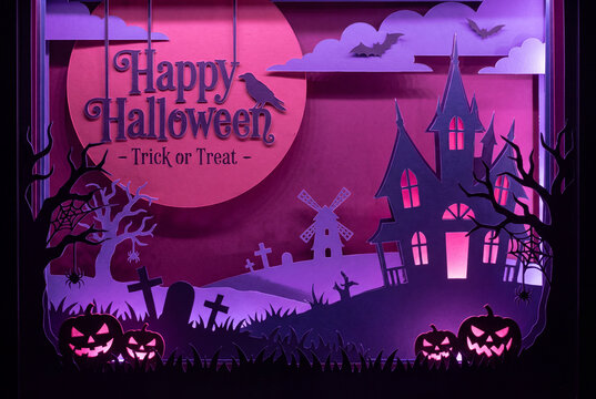 Happy Halloween 3D paper cut-out light box shadowbox with haunted house, glowing jack-o'-lanterns, cemetery, full moon, and bats