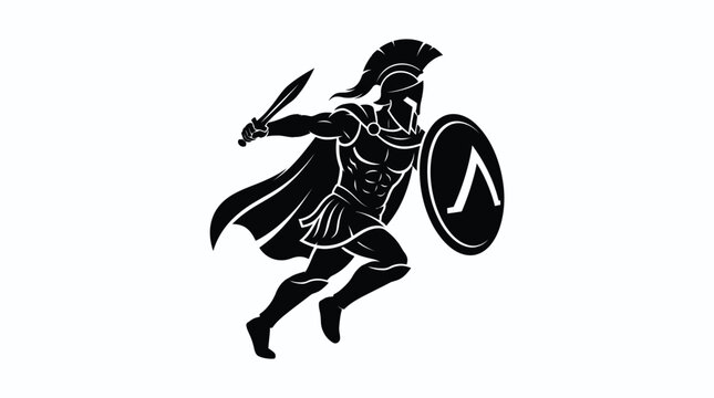 Spartan warrior silhouette vector graphic illustration featuring a charging soldier with a sharp sword and shield