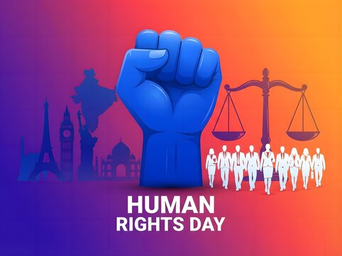 Human rights day concept with raised fist and scales of justice