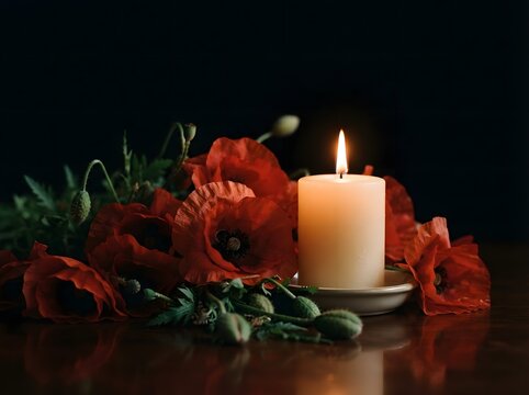 A lit candle surrounded by vibrant red poppy flowers
