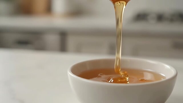 Thick golden honey dripping from a wooden dipper into a white bowl