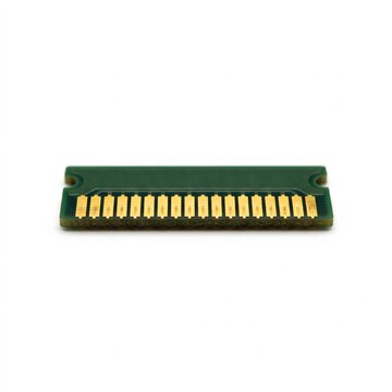 Macro of an enterprise ECC memory module edge. Polished gold contact pins on a dark green fiberglass PCB. Cloud computing server hardware isolated on white.