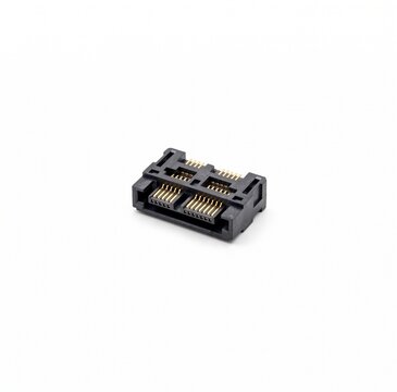 Extreme macro of a bare SAS hard drive interface connector. Gold-plated dual-lane data and power pins in a black polymer block. Enterprise storage hardware isolated on white.
