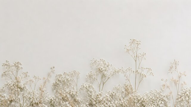 Delicate white babys breath flowers arranged in a border along the bottom edge, isolated on white background