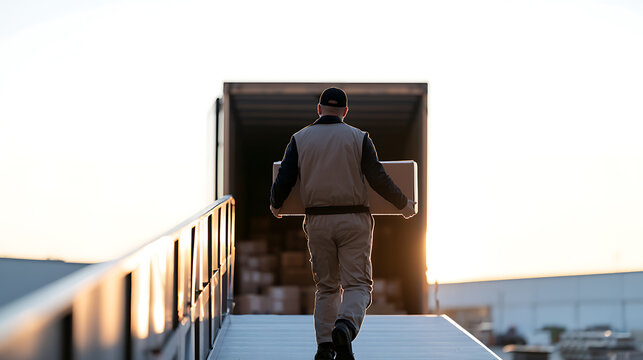 Delivery worker carry parcel box load cargo truck logistics warehouse freight supply chain distribution courier service post package transportation