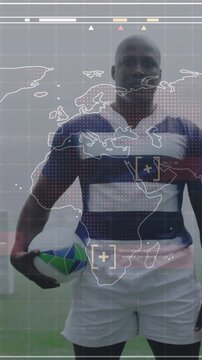 Animation of world map with data processing over rugby players