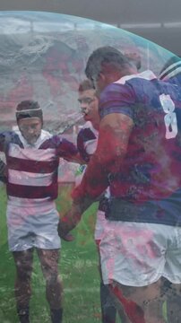 Animation of globe with data processing over rugby players