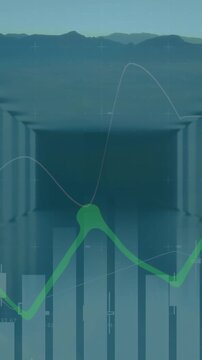 Animation of financial graphs over landscape at sunset and servers