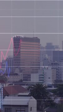 Animation of finacial data processing over cityscape