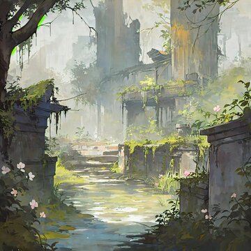 Ancient overgrown stone ruins and stream in a forest landscape