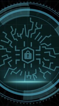 Animation of padlock digital icon and data processing over black background