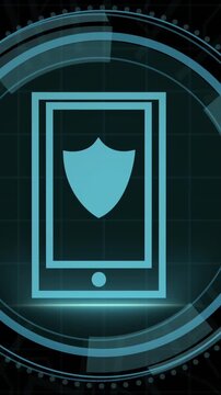 Animation of shield digital icon and data processing with robot arm over black background