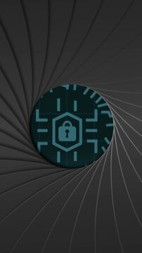 Animation of aperture effect against round scanner over security padlock icon on black background