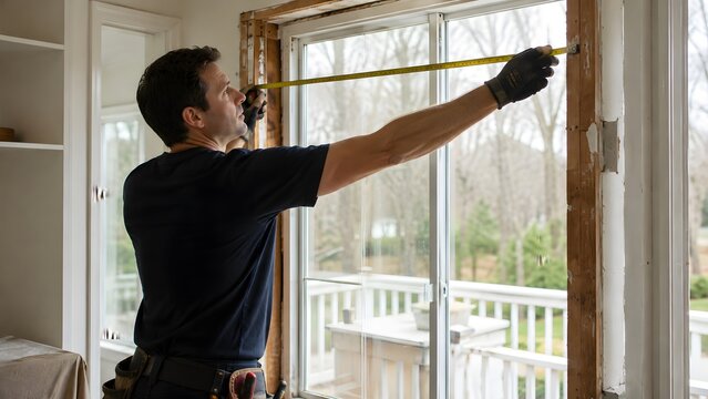 Professional contractor measuring a window frame for replacement during a home renovation project