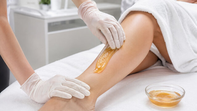 Professional Sugaring Treatment With Sugar Paste Applied to Lower Leg