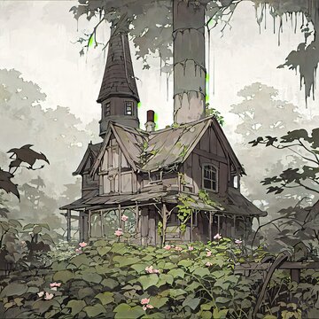 Abandoned spooky gothic house in an overgrown garden watercolor