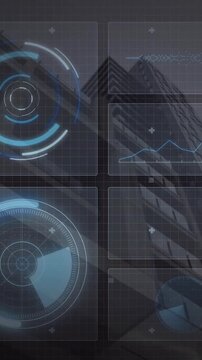 Digital interface with graphs and radar animation over skyscraper background