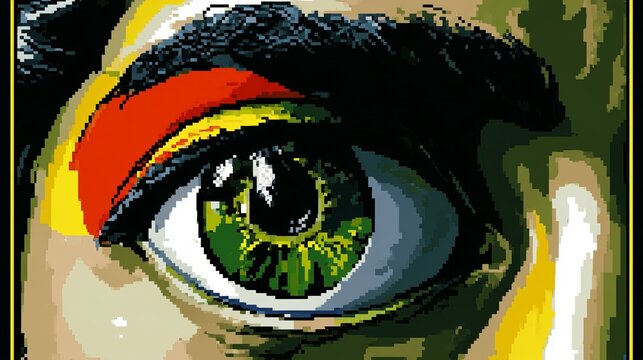 Pixel-art close-up of a woman's eye in retro 8-bit style with beauty and makeup theme. 