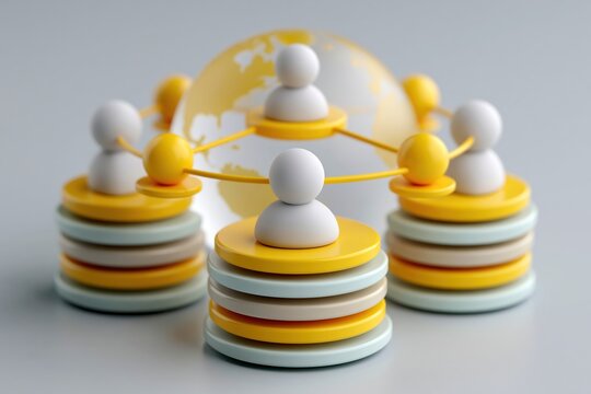 Global workforce network with faceless figures on layered platforms around translucent globe
