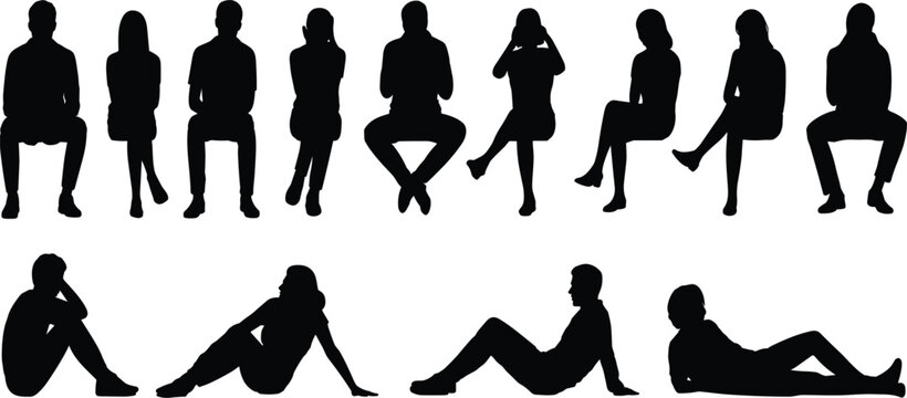 Set of black silhouettes showing people in various sitting and lying down poses isolated on a white background, for architectural and, interior visualization