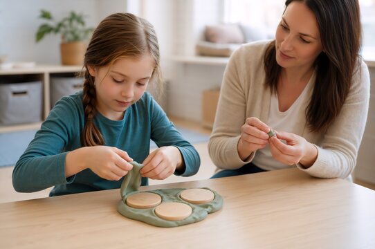 Girl child playing with clay and wooden circle on table with woman therapist. Sensory activity for attention and concentration development. Occupational therapy for autism and adhd support concept