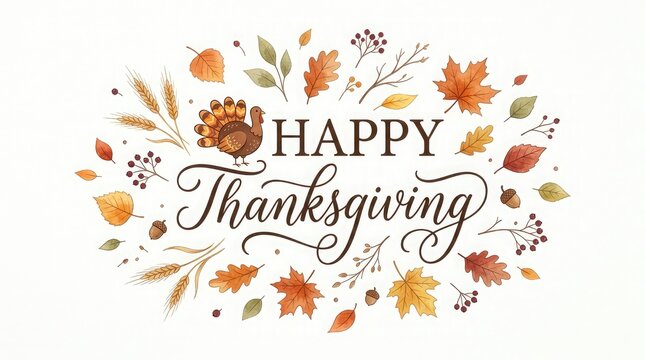 A beautiful watercolor illustration featuring autumn leaves and a turkey for celebrating thanksgiving day in canada with elegant hand written calligraphy text art