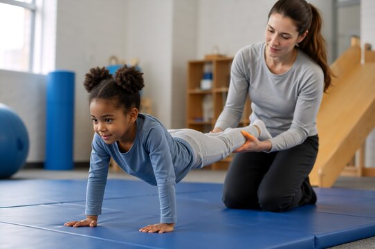 African american girl doing wheelbarrow exercise with woman therapist on mat during sensory integration therapy. Physical activity for child with ADHD and autism to support attention and focus