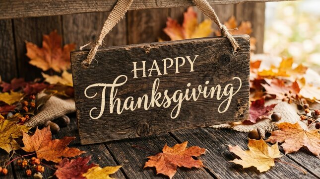 A rustic wooden sign with white calligraphy celebrating thanksgiving day in canada surrounded by vibrant autumn leaves on a weathered dark wooden surface