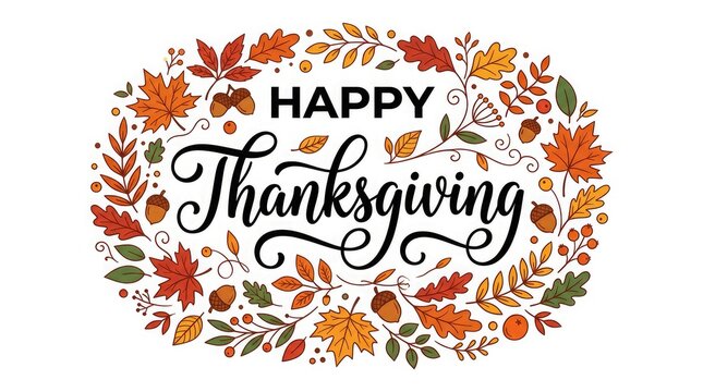 A beautiful festive greeting card design for thanksgiving day in canada featuring colorful autumn leaves arranged in an elegant oval frame on white
