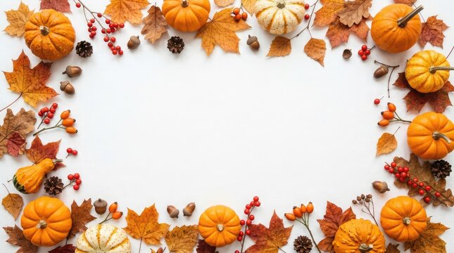 A festive border of orange pumpkins and autumn leaves arranged on a white background for celebrating thanksgiving day in canada seasonal holiday event