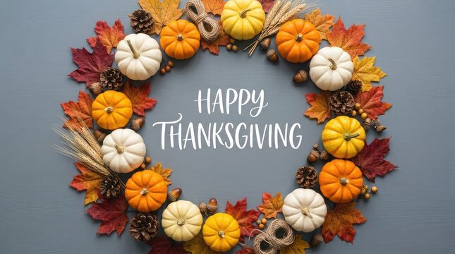 A festive wreath made of pumpkins and autumn leaves surrounding the text happy thanksgiving day in canada on a soft grey background surface