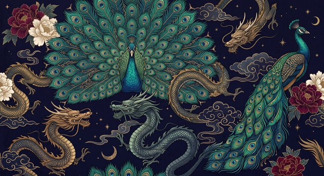 Japanese Inspired Peacock and Dragon Seamless Pattern with Peonies and Golden Clouds on Navy