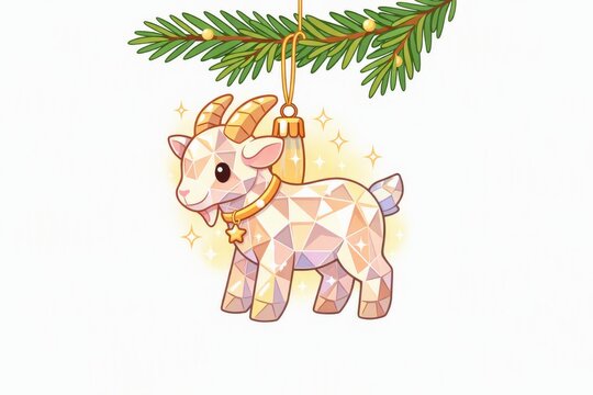 Geometric goat christmas tree ornament hanging from pine branch for holiday decoration and gift tag design
