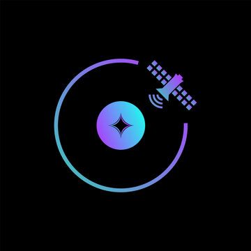 Satellite space logo, satellite orbit design vector template