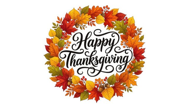 A beautiful festive wreath made of colorful autumn leaves surrounding elegant calligraphy text celebrating the traditional holiday of thanksgiving day in canada event
