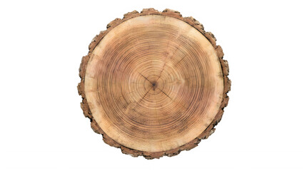 Obraz premium Round wooden tree log cross section showing annual rings and rough bark texture