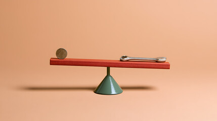 Fototapeta premium Conceptual image of a coin and a metal tool in balance on a seesaw, representing financial stability, equality, and clever business trade