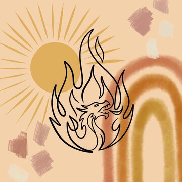 Fire Element Line Art Icon Dragon Flame on Boho Sun Background