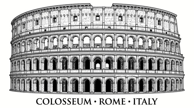 Very beautiful black and white vector of Colosseum, Rome, Italy, featuring ancient Roman arches, massive stone walls, detailed amphitheater linework, COLOSSEUM &bull; ROME &bull; ITALY, isolated on white backgr