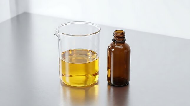 Cistus essential oil in a clear glass beaker next to an empty dark amber glass dropper bottle on a clean metal surface for aromatherapy and skincare