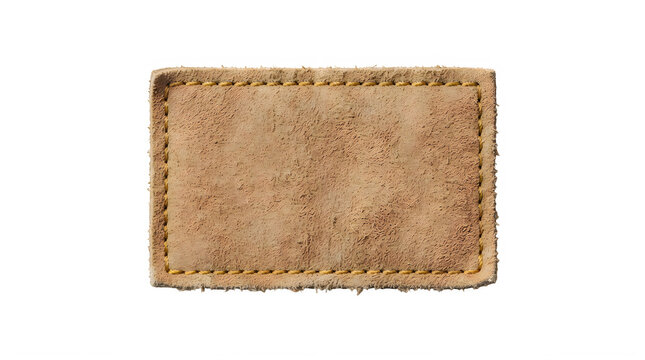 Small rectangular brown leather patch with stitched edges for clothing label and fashion branding