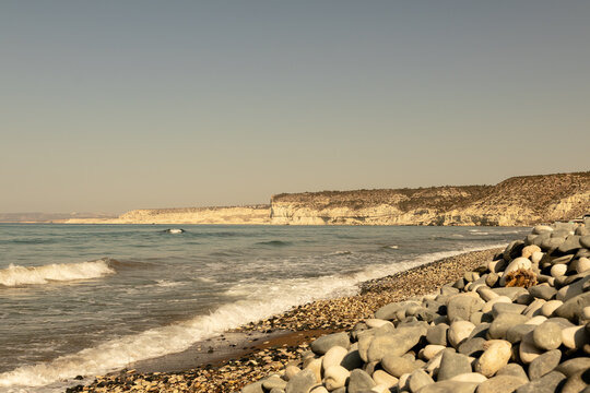 Kourion Beach Waves and Coastal Cliffs in August, Limassol, Cyprus
