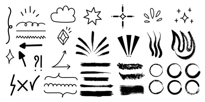 Collection of hand drawn doodle elements including stars arrows brushes and decorative shapes for graphic design