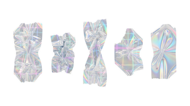 Crumpled holographic iridescent foil pieces with grid pattern and colorful reflections, isolated on transparent background