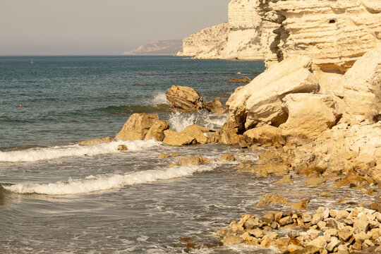 Kourion Beach Waves and Coastal Cliffs in August, Limassol, Cyprus
