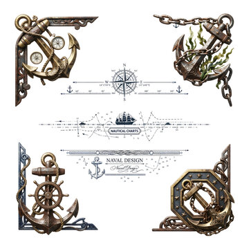 Nautical anchor corner ornaments and maritime design elements for vintage graphic projects.