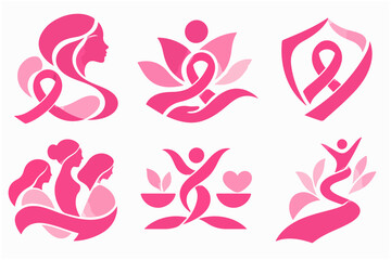 Obraz premium Pink ribbon emblem set featuring female profile lotus flower shield and supportive people.