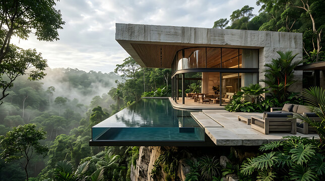 Luxury cliffside pavilion with infinity pool overlooking a misty tropical rainforest.