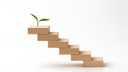 Fototapeta premium A small green plant sprout grows on top of wooden stair blocks, symbolizing business growth, career step, success, and sustainable future