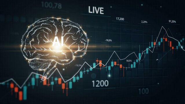 Digital glowing AI brain overlaying financial stock market charts with live trading data. Technology concept for algorithmic trading and financial analysis.
